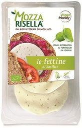 Veganistische mozzarella van gekiemde volkoren rijst in plakjes met basilicum BIO 80 g MOZZARISELLA